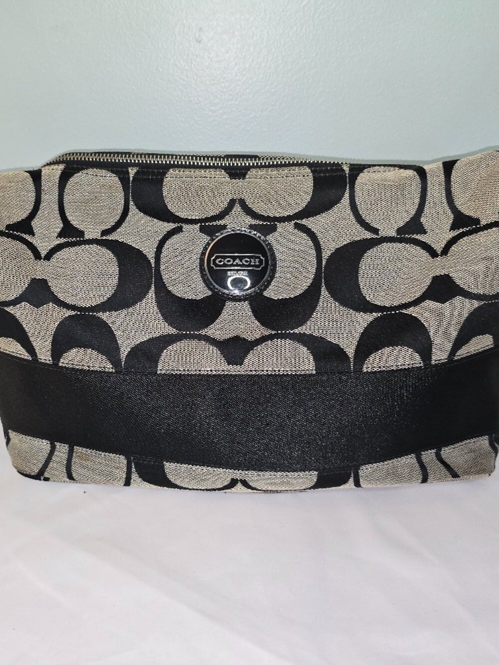 Coach Signature Stripe Hobo Bag Model F17434 Black and Gray Logo, Good Condition